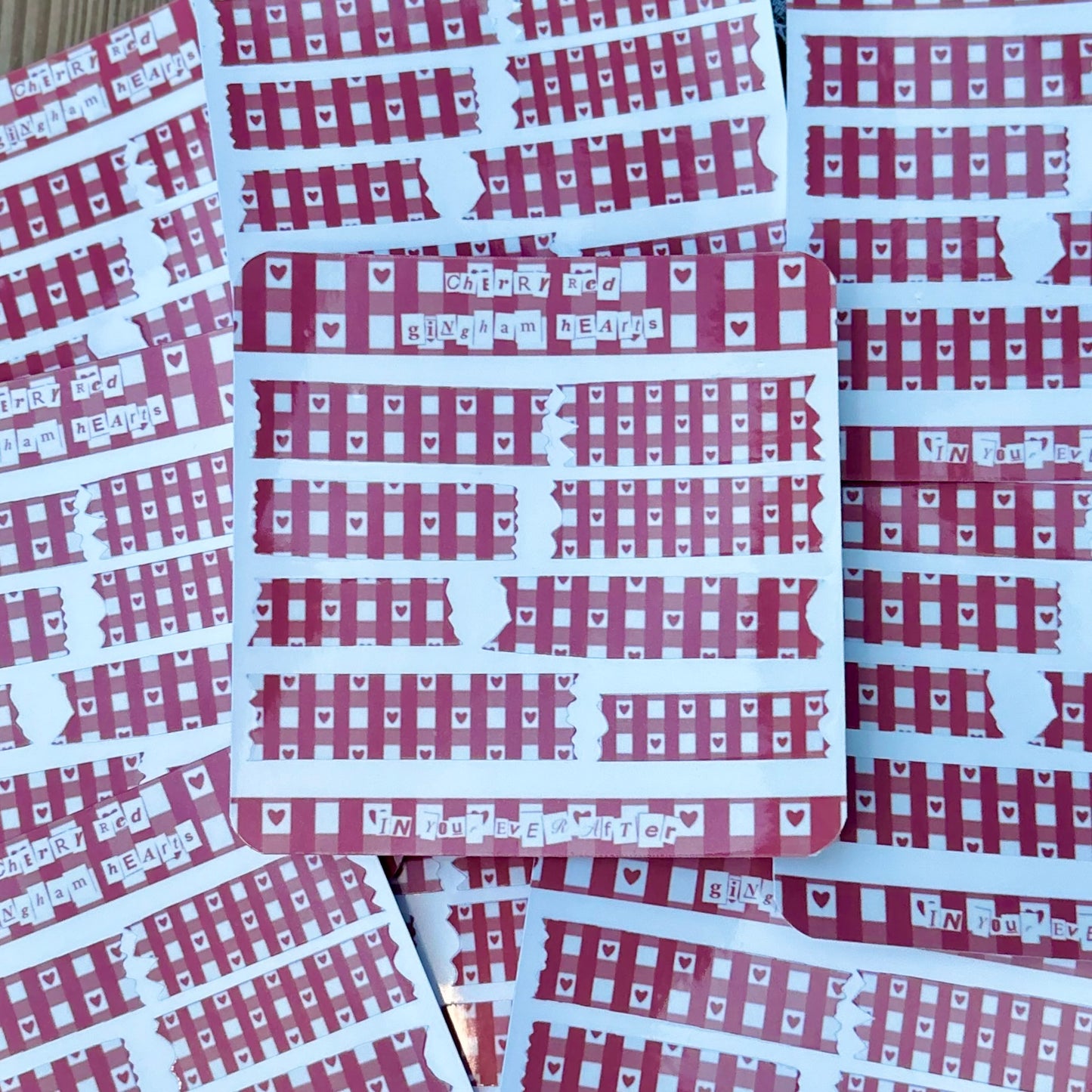 Cherry Red Gingham Hearts Sticker Sheet