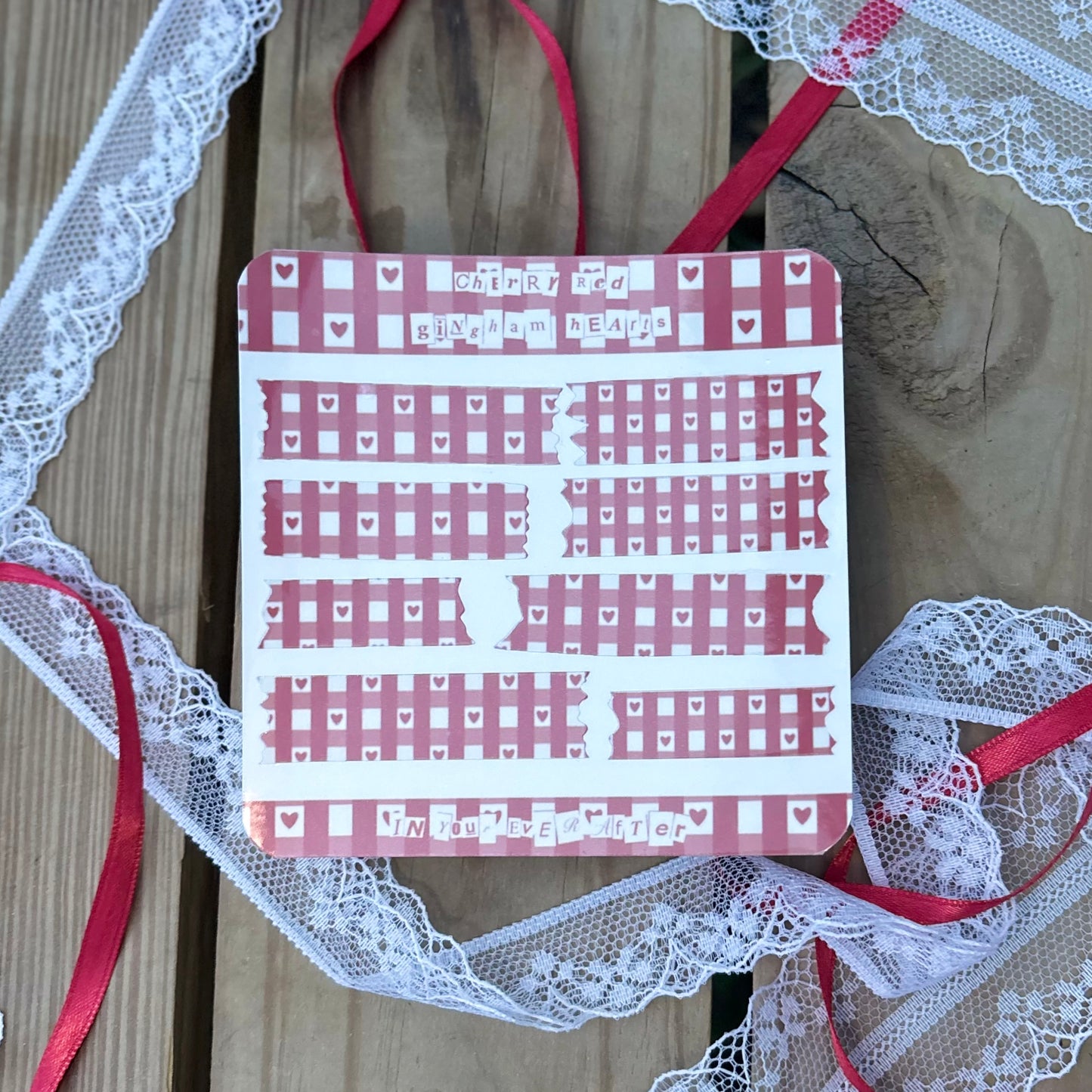Cherry Red Gingham Hearts Sticker Sheet
