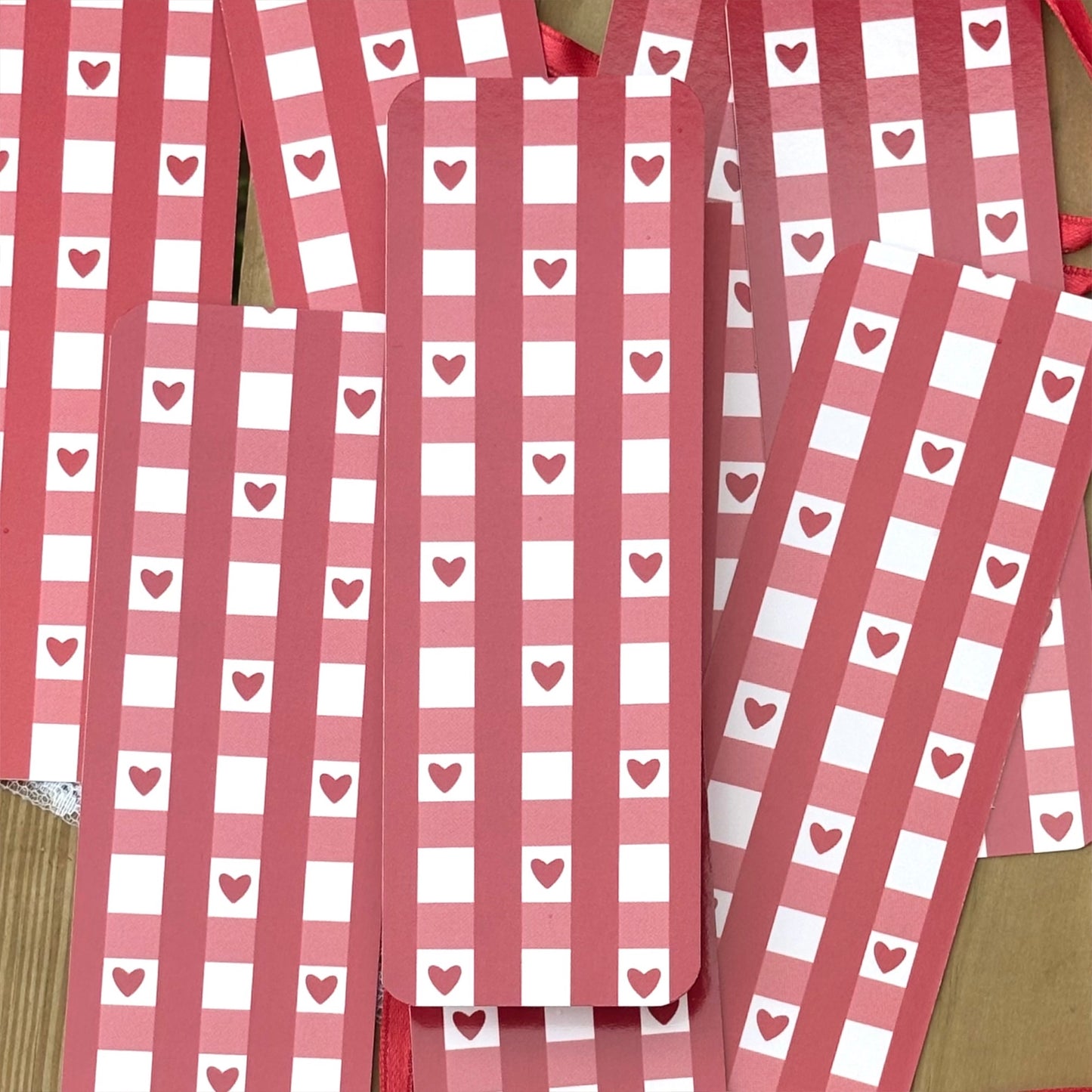 Cherry Red Gingham Hearts Bookmark